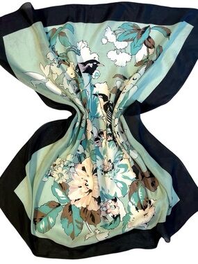 Vintage Silk Cacharel Square Scarf French Designer Birds Flowers Cottagecore 28”